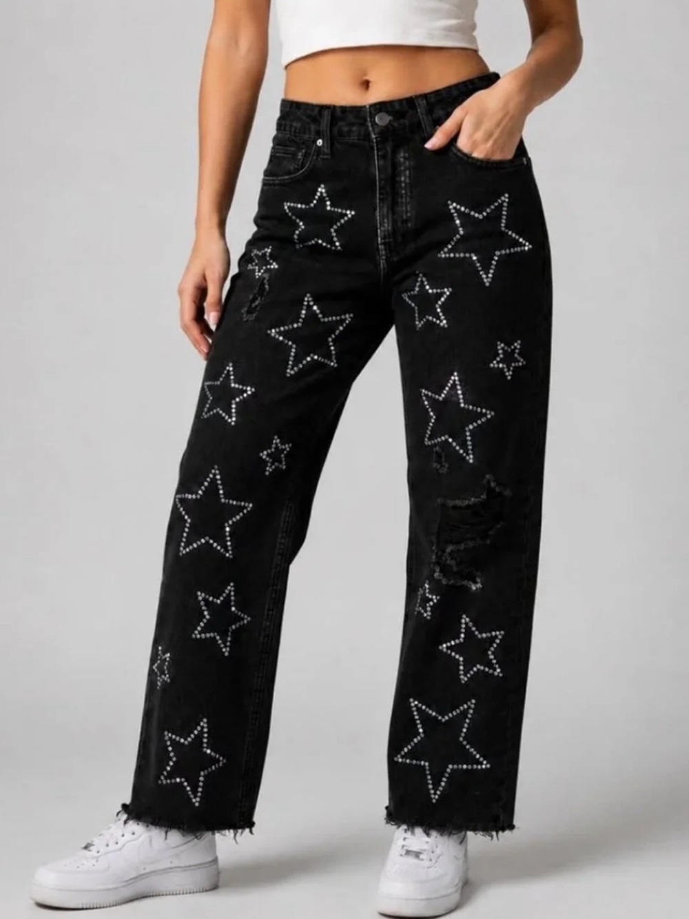 Black Star-Studded Rhinestone High-Rise Straight Leg Distressed Jeans